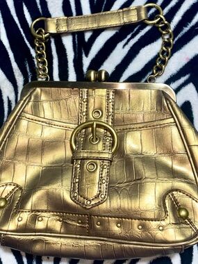 Nine West Gold Croc-Embossed Frame Satchel Handbag
